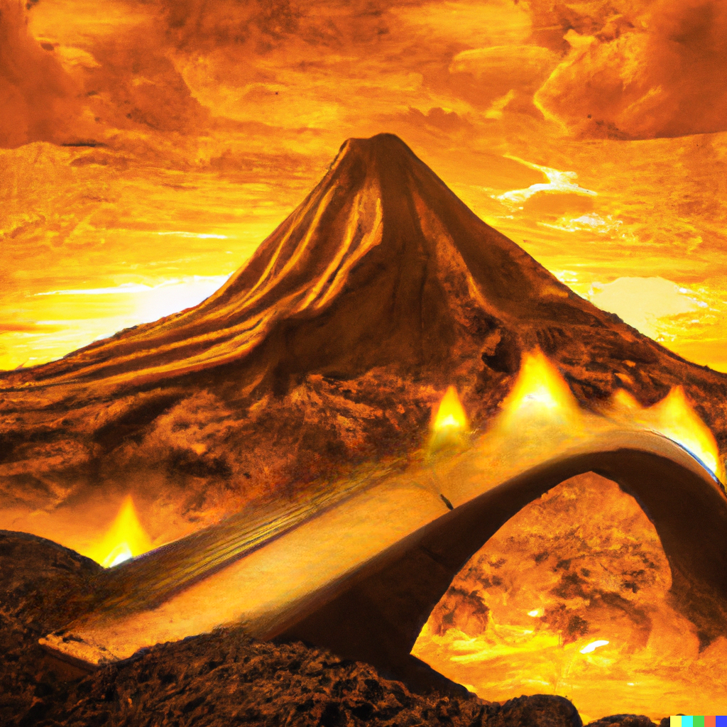 The team appeared in front of a massive volcano with rivers of lava flowing down. There was a bridge 5 feet over a bridge of lava. On the far side of the bridge there were short platforms on either side of the bridge that appeared to be places for giants to greet others when they arrive.