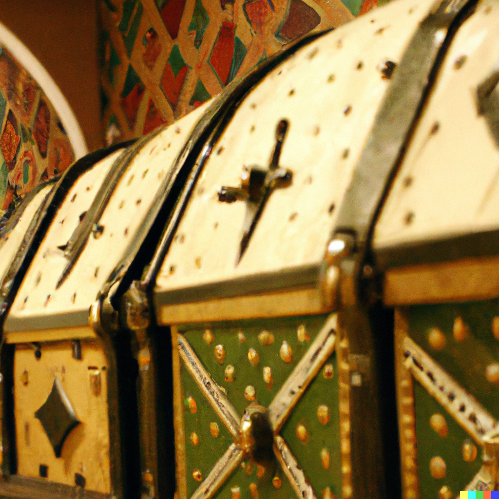 12 large chests located at the back of the room, arranged in a neat row. The chests were adorned with intricate bronze crests