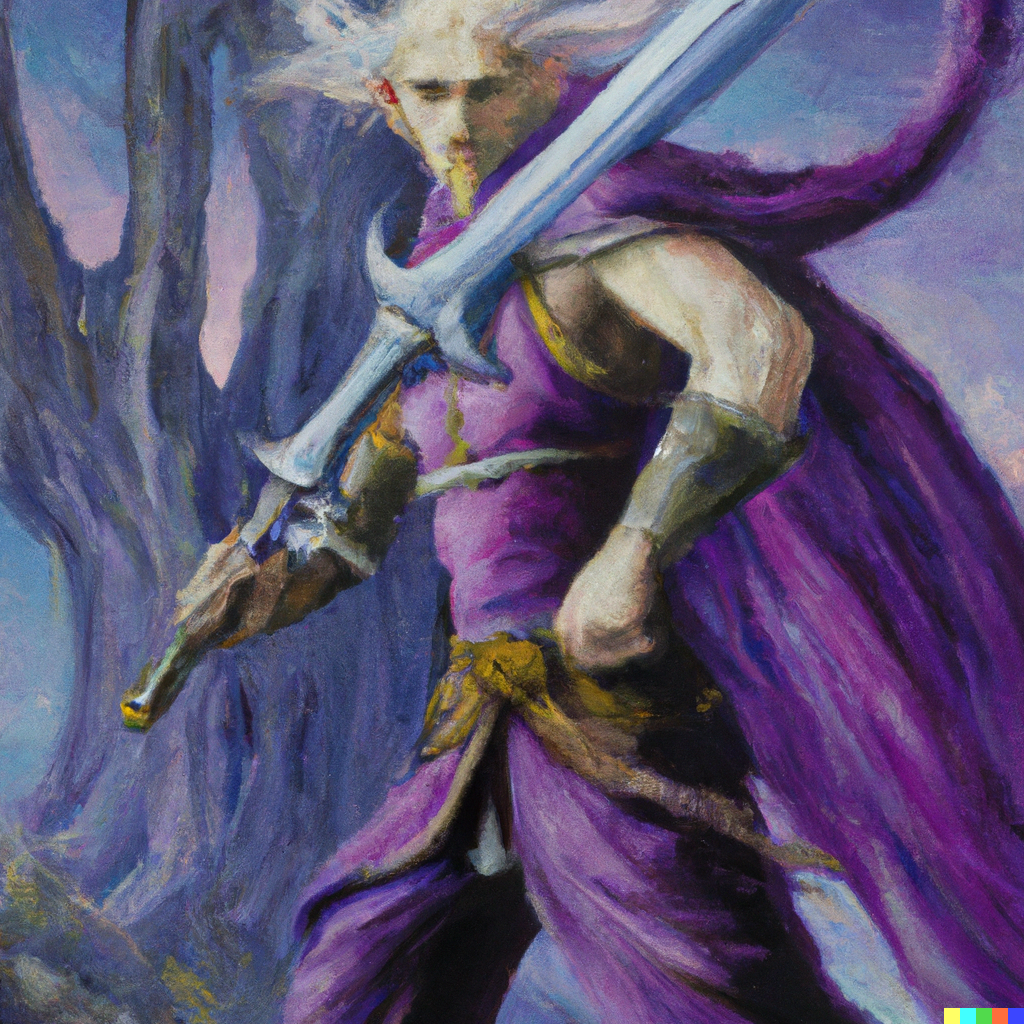 DALL·E 2023-07-07 01.39.57 - combat fantasy oil painting of a bard muscular white haired in purple robes elf swinging a giant great sword.png