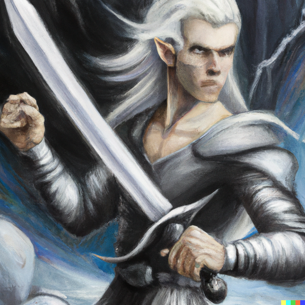 DALL·E 2023-07-07 01.44.31 - combat fantasy oil painting of a Silver haired handsome elf in fine clothes swinging a giant great sword.png